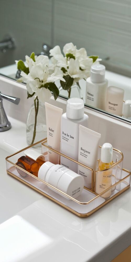 Image cue: a daily-use organizer tray on a bathroom counter with skincare products arranged by step.