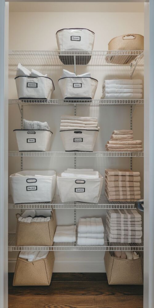 Image cue: a linen closet with neatly stacked labeled baskets and folded towels on wire shelving.