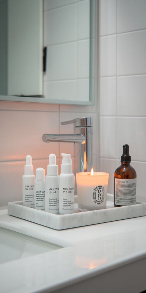 Image cue: a marble tray on a bathroom counter holding neatly arranged skincare bottles and a candle.