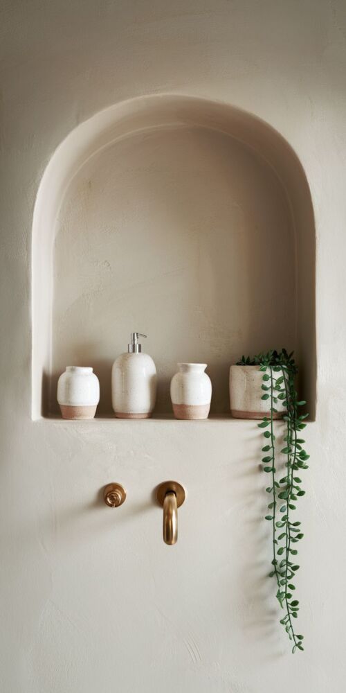 Image cue: a minimalist bathroom shelf with matching white ceramic containers and a single plant.