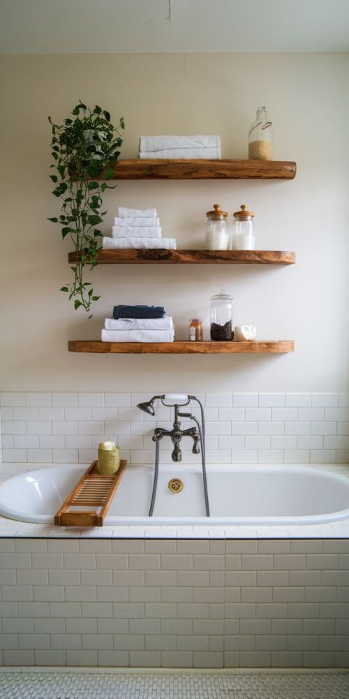 Image cue: a set of wood shelves above a bathtub styled with folded towels, a plant, and glass jars.