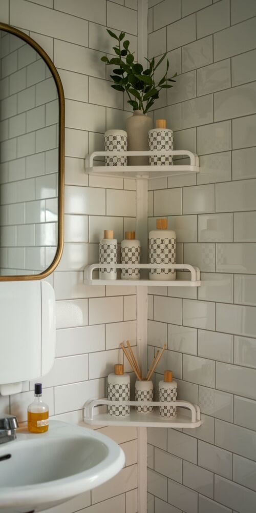 Image cue: a slim corner shelf unit in a small bathroom, holding toiletries in matching containers.