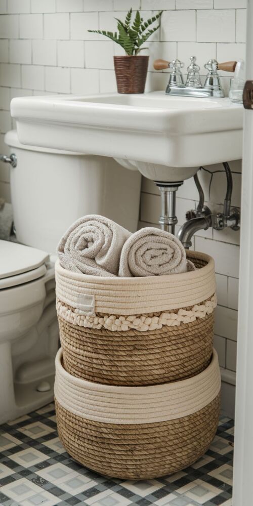 Image cue: a stack of woven baskets under a bathroom sink, one holding rolled towels.