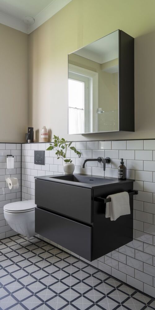 Image cue: a wall-mounted matte black cabinet with a floating vanity in a modern bathroom.