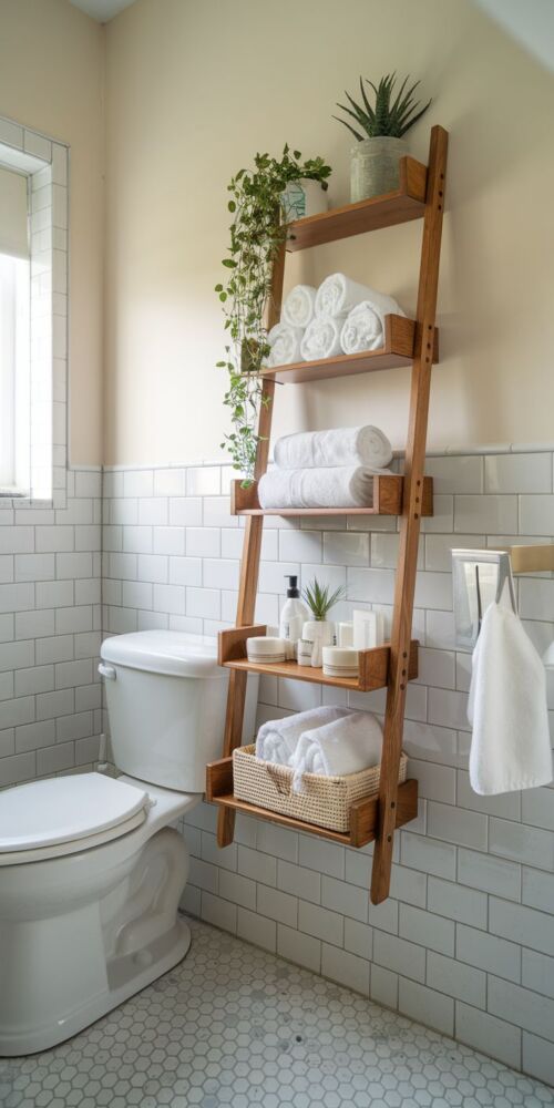 Image cue: a wooden ladder shelf mounted above a toilet, styled with rolled towels and a small plant.