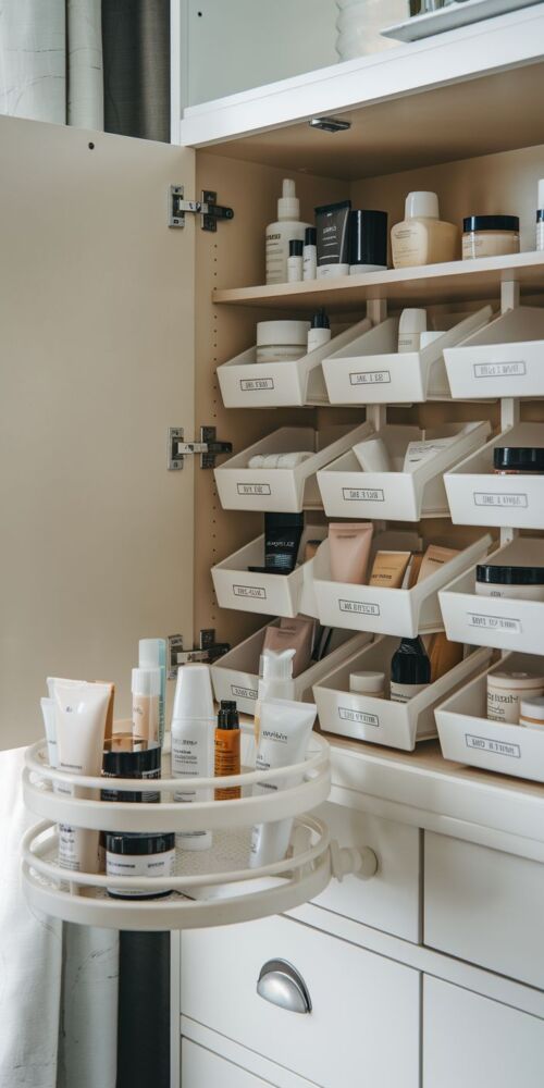 Image cue: an open vanity cabinet with labeled bins and a lazy Susan holding skincare products.