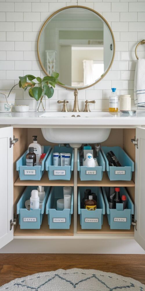 Image cue: an organized under-sink cabinet with labeled bins and a pull-out drawer.