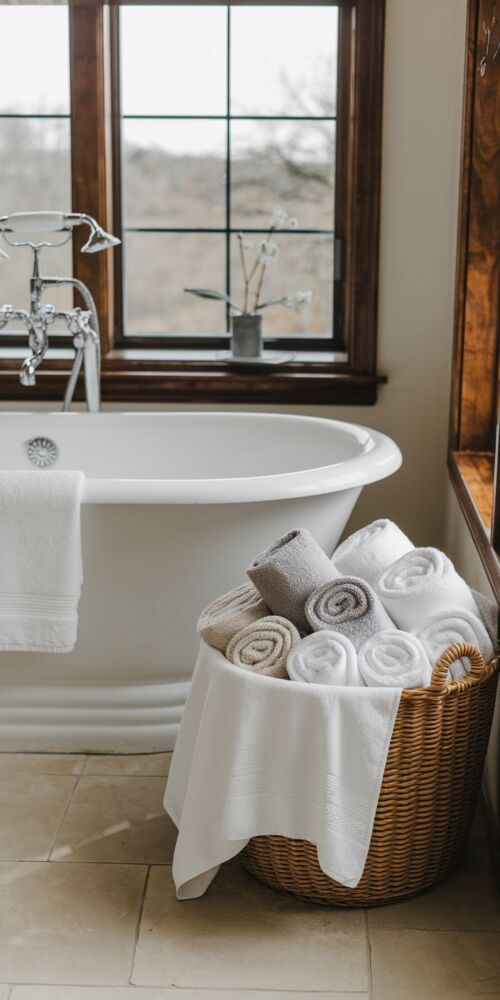 Image cue: fluffy rolled towels arranged in a large basket next to a freestanding tub.