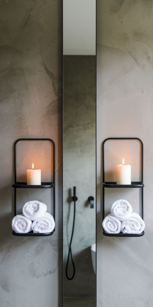Image cue: two minimalist floating shelves on either side of a bathroom mirror, holding candles and rolled towels.